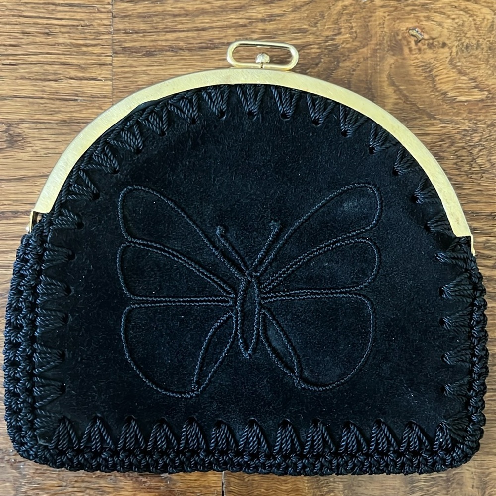 Vintage Neiman Marcus Black Suede Leather Embroidered Coin Purse/Wallet/Clutch